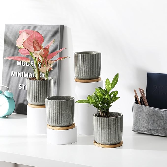 TAMAYKIM 4 Inch Cylinder Ceramic Plant Pots with Drainage Holes & Saucers, Glazed Green Grey Small Boho Planters with Trays for Indoor Flower, Snake Plants, Succulent, Cactus, Set of 4-Ruum Studio Home