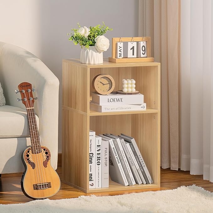 LEYAOYAO 2 Cube Bookshelf,Natural Record Player Stand Holds up to 100 Albums, Mini Wood Book Shelf Storage Organizer,Turntable Stand with Vinyl Storage Cabinet, Narrow Open Bookcase for Small Spaces-Ruum Studio Home