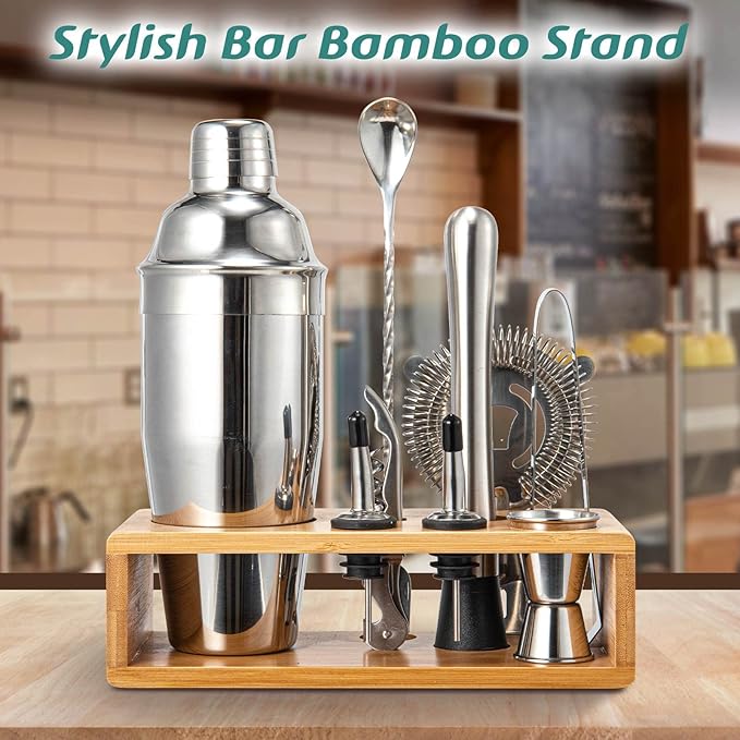 Cocktail Shaker Set, Mixology Bartender Kit 10-Piece Bar Tool Set with Stylish Bamboo Stand, Bar kit: Matini Shaker Mixing Spoon Muddler Jigger Cocksrew for Barware Set-Ruum Studio Home
