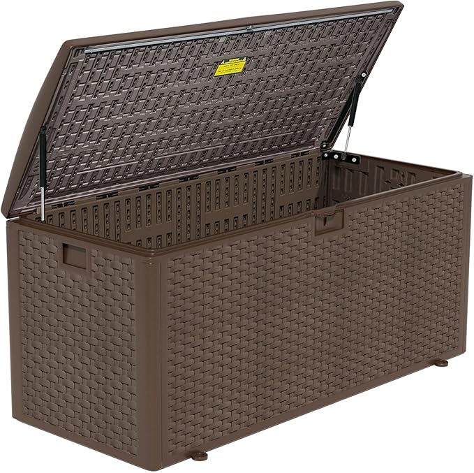 180 Pro Gallon Waterproof Outdoor Storage Bin Resin Deck Box for Patio, Poolside, and Garden, Lockable & UV-Resistant, Brown-Ruum Studio Home