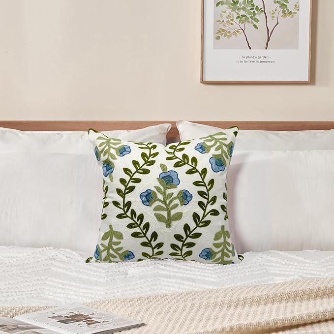 Alysheer Floral Embroidered Summer Decorative Throw Pillow Cover 18"x 18", Farmhouse Cottage Blue Flowers Green Leaves Knit Pattern Cotton Canvas Cushion Case for Sofa Couch Bed Living Room Decor-Ruum Studio Home