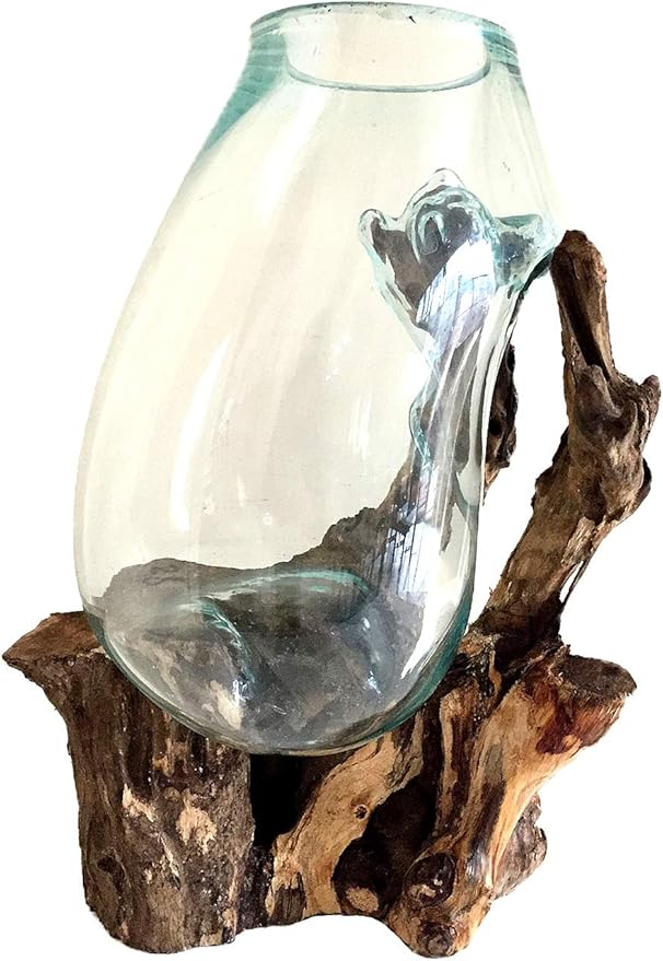 Hand Blown Molten Glass & Teak Wood Terrarium/Vase/Fish Bowl - Premium Quality (12" - 14" High)-Ruum Studio Home