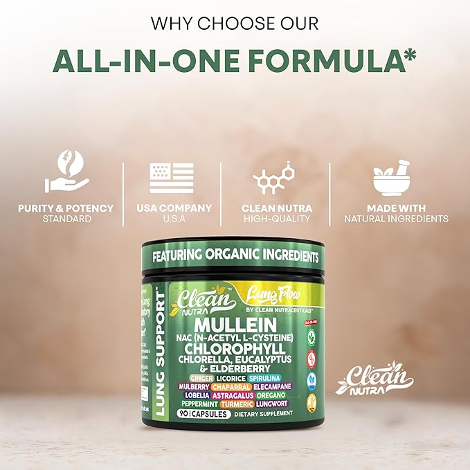 Clean Nutra Mullein NAC Supplement Spirulina Chlorella Ginger Licorice Mulberry Astragalus Root Oregano Turmeric with Chlorophyll Berries Detox Cleanse Respiratory Lung Health 90 Capsules-Ruum Studio Home