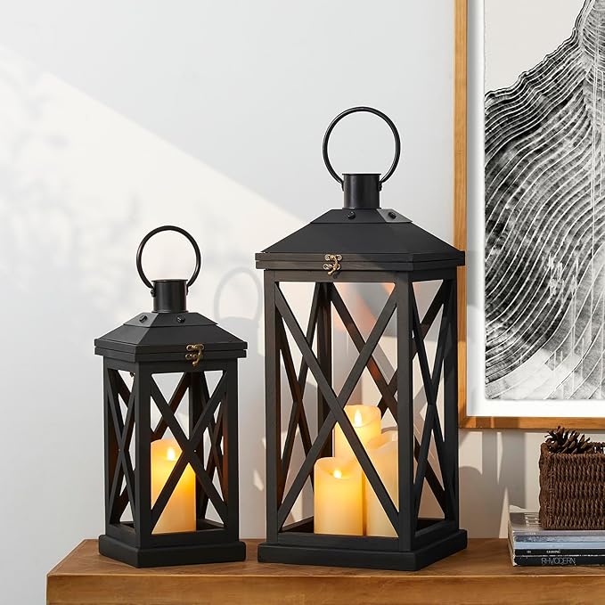 Glitzhome Modern Farmhouse Wooden Lantern Hanging Decorative Candle Lantern for Outdoor & Indoor Black Set of 2 (No Glass)-Ruum Studio Home