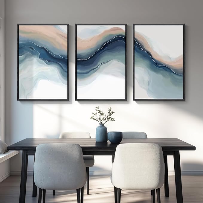 Large Framed Blue Abstract Landscape Wall Art for Living Room, 3 Piece Bright Pastel Canvas Prints Paintings, Modern Minimalist Artwork Watercolor Pictures for Bedroom, Hallway Wall Decor 24x36 In-Ruum Studio Home