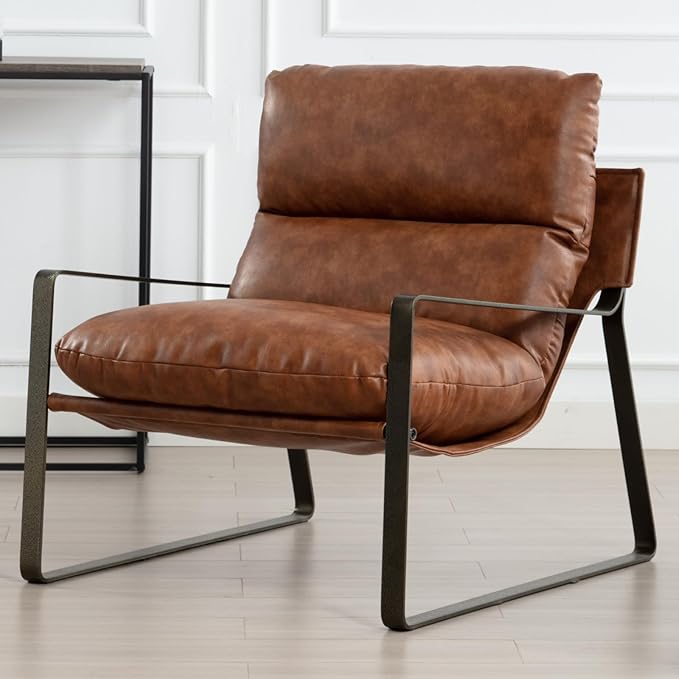DUOMAY Mid-Century Accent Chair Armchair, Comfy PU Leather Leisure Chair Lazy Chair with Brozen Metal Leg for Living Room Bedroom Office Apartment, Brown-Ruum Studio Home