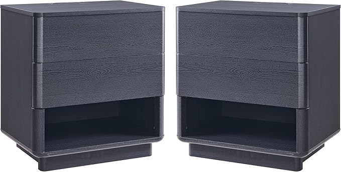Nightstand Set of 2 with Charging Station, 22" Large Modern Bedside Table with 2 Drawers Storage,Push-to-Open End Table for Bedroom,Living Room,Black-Ruum Studio Home