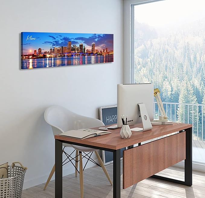 Office Wall Decor Miami Skyline Wall Art Panoramic Cityscape Picture Modern USA City Night View Canvas Prints for Bedroom Living Room Home Decoration Stretched and Framed Ready to Hang 13.8"x45.3"-Ruum Studio Home