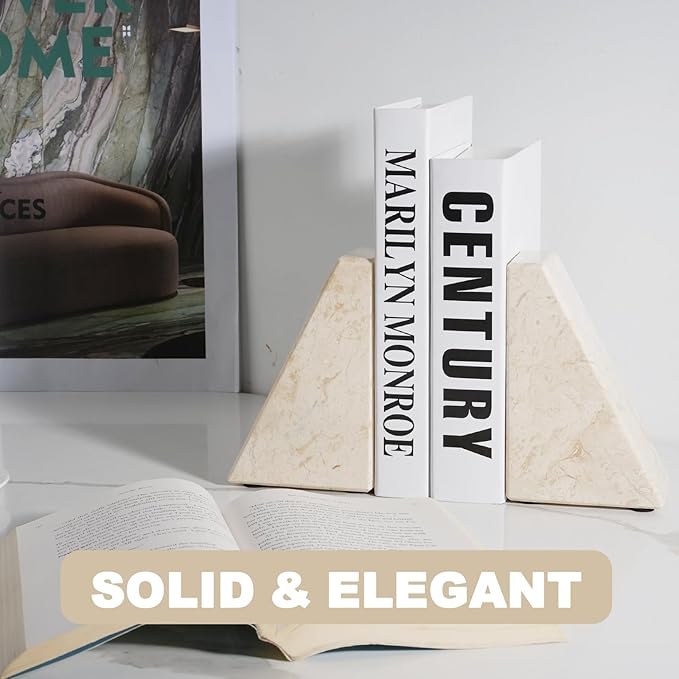 Marble Book Ends Decorative, Unique Bookends for Shelves, Bookends to Hold Heavy Books, Durable Book Holder Stopper for Home Office Desk Bookshelf Decoration, Turkey Natural Marble, Set of 2-Ruum Studio Home