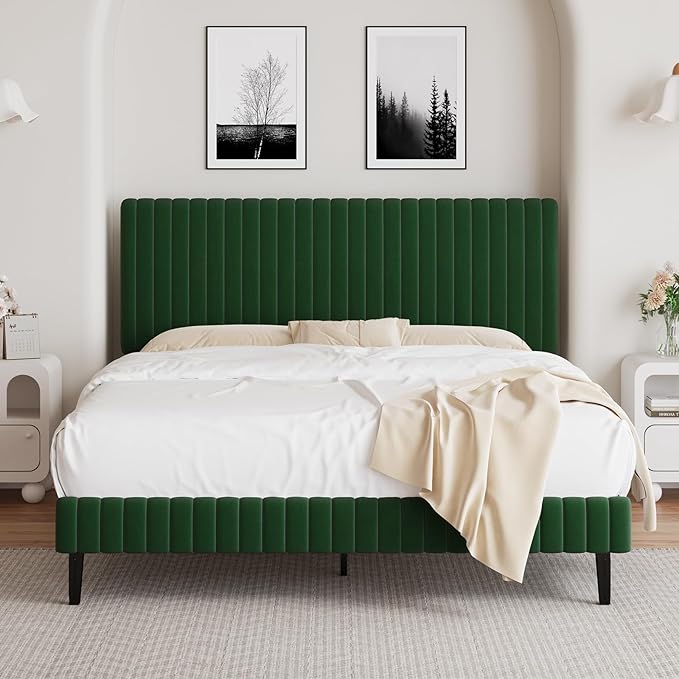 Queen Size Bed Frame, Velvet Upholstered Platform Bed with Vertical Channel Tufted Headboard and Footboard, No Box Spring Required, Easy Assembly, Green-Ruum Studio Home