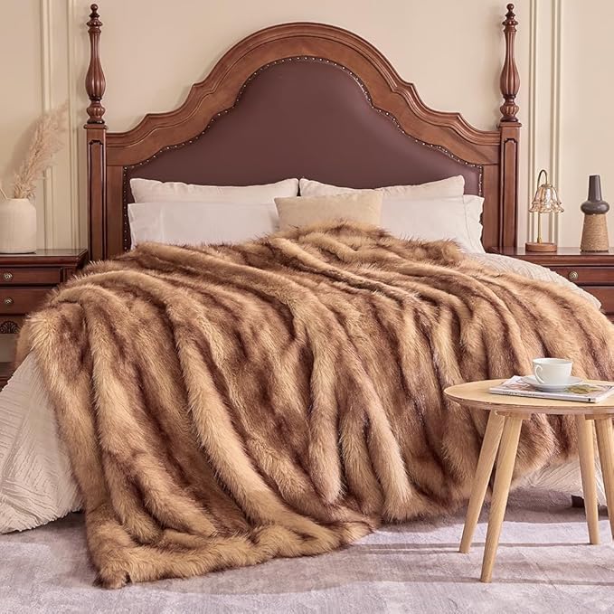 Fluffy Faux Fur Throw Blanket – Super Soft Warm Thick Plush Blanket for Bed, Couch & Office, Cozy Fuzzy Throw with Flannel Backing,90"x90", Brown-Ruum Studio Home