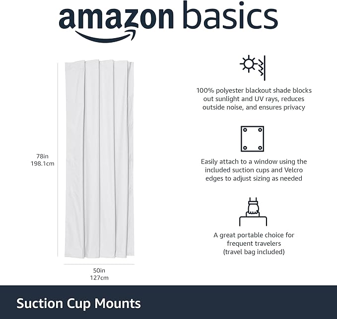 Amazon Basics Portable Blackout Curtain Shade with Suction Cups, 50"W x 78"L, 1 Pack, White-Ruum Studio Home