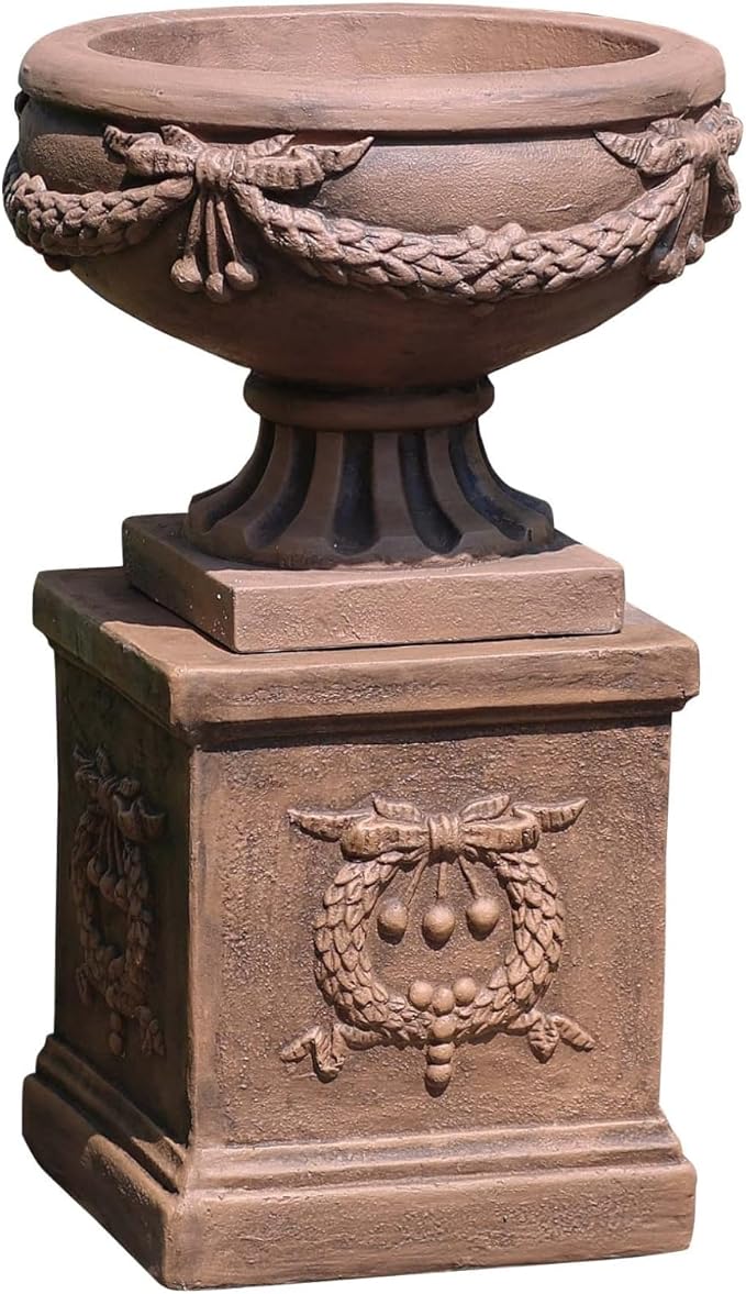 Vintage Garden Urn Planter with Pedestal, Cement and Fiber, Maked Bronze Color, Decorative Leaf Pattern, 30 Inch Height, Wrap Foam Safely Delivered from Local Warehouse (Bronze)-Ruum Studio Home