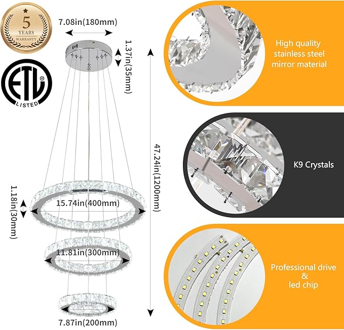 Buccleuch LED Crystal Chandeliers, Dimmable LED Pendant Light Fixture 3-Ring Adjustable Stainless Steel Ceiling Light, Silver Crystal Chandeliers for Dining Room, Bedroom, Living Room - ETL Listed-Ruum Studio Home