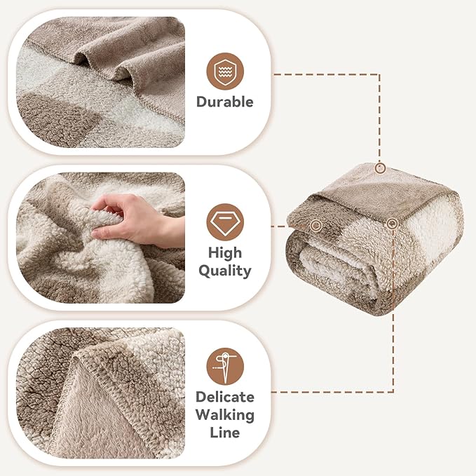 LURKA Checkered Sherpa Fleece Queen-Size Bed Blanket - Extra Thick and Warm Winter Soft Fuzzy Plush Blanket for Couches, Beds & Pets, Khaki, 90x90 Inches-Ruum Studio Home