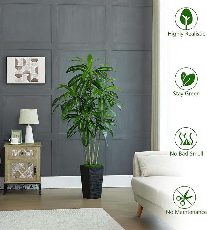 Artificial Dracaena Tree Artificial Silk Tree Faux Tree with White Tall Planter Fake Tropical Yucca Floor Plant (1, White Tall Planter, 6 FT)-Ruum Studio Home