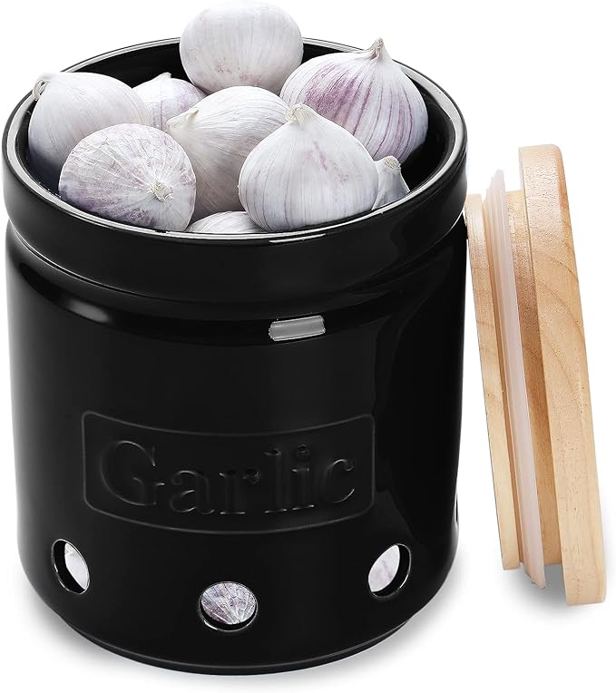 ONTUBE Large Garlic Keeper with Wooden Lid, Ceramic Garlic Holder Storage, Garlic Container for Kitchen, Garlic Saver to Keep Your Garlic Cloves Fresh Longer 4.5-Inch, Black-Ruum Studio Home