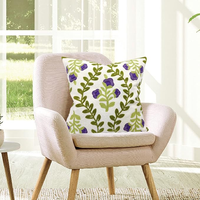Alysheer Floral Embroidered Spring Decorative Throw Pillow Cover 18"x 18", Farmhouse Cottage Purple Flowers Green Leaves Knit Pattern Cotton Canvas Cushion Case for Sofa Couch Bed Living Room Decor-Ruum Studio Home