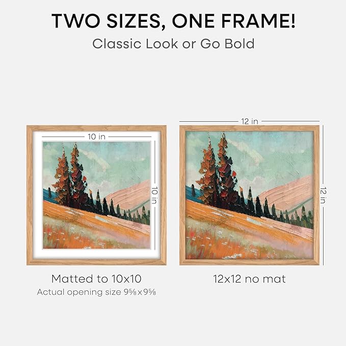 Homeforia 12x12 Light Wood Frame, High End Natural Oak 12 x 12 Square Picture Frames with Mat 10 by 10 inch Photo, 12by12 Wooden Poster Frames Matted to 10x10 Print, Tempered Glass, Wall Kit, Set of 1-Ruum Studio Home