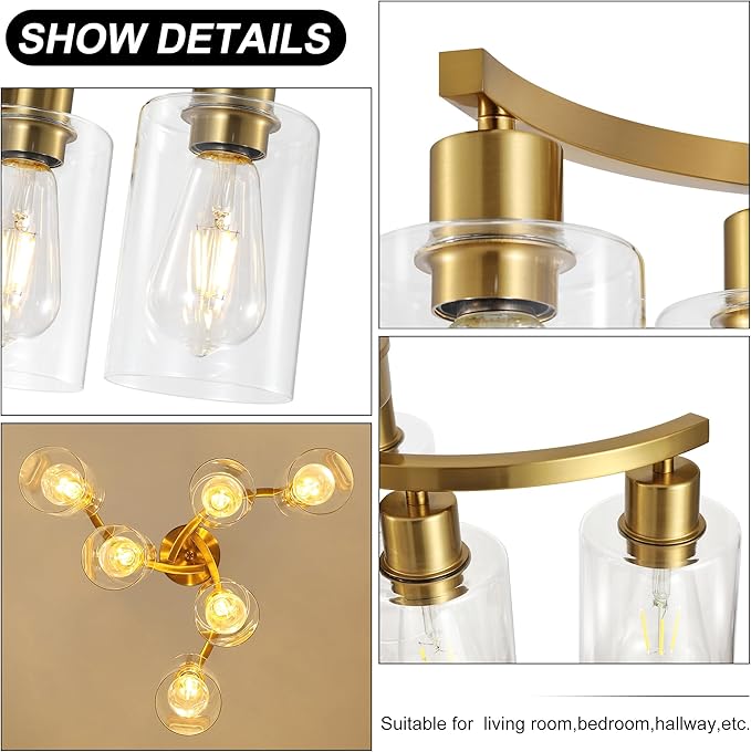 6-Light Gold Chandeliers for Dining Room, Modern Kitchen Island Light Fixtures Over Table, Metal Hanging Pendant Lighting for Living Room Stairwell Entryway Bedroom, Clear Glass Shade-Ruum Studio Home