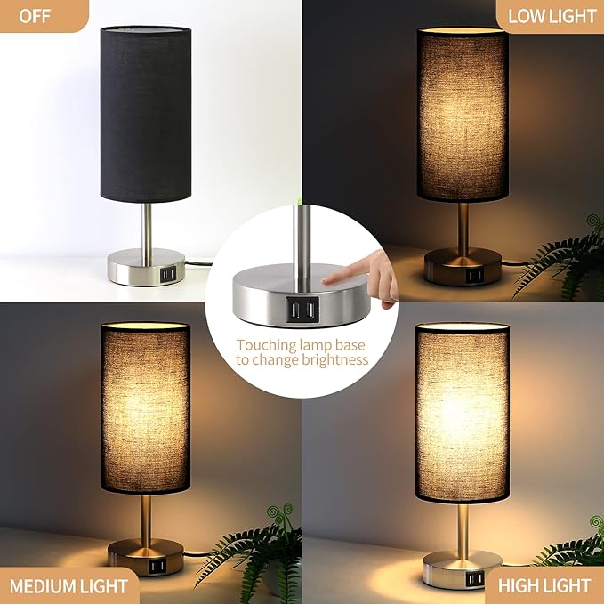 Bedside Lamp with USB Port - Touch Control Table Lamp for Bedroom Wood 3 Way Dimmable Nightstand Lamp with Round Black Shade for Living Room, Dorm, Home Office (LED Bulb Included) (Blacl2)-Ruum Studio Home