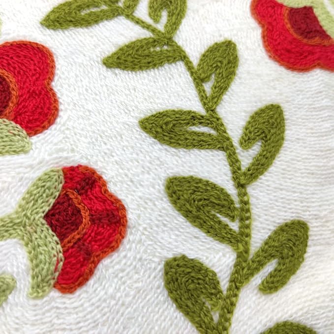 Alysheer Floral Embroidered Summer Decorative Throw Pillow Cover 18"x 18", Farmhouse Cottage Red Flowers Green Leaves Knit Pattern Cotton Canvas Cushion Case for Sofa Couch Bed Living Room Decor-Ruum Studio Home