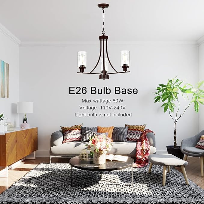 BONLICHT 3 Lights Oil-Rubbed Bronze Traditional Chandelier Rustic Kitchen Island Lighting Fixtures Hanging Clear Glass Cylinder Pendant Lights Classic Ceiling Light for Dining Room Bedroom Foyer-Ruum Studio Home