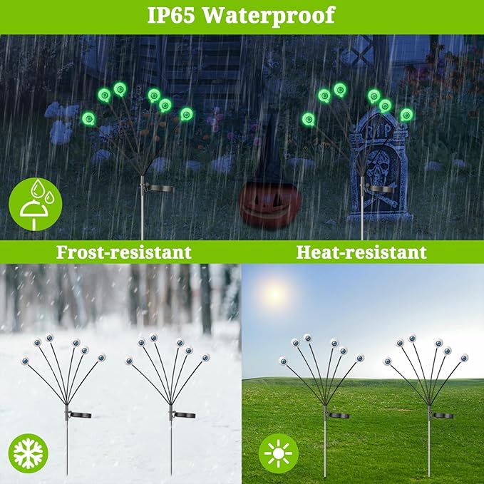 VOTTGO Halloween Solar Lights Outdoor, 2 Pack 12LED Scary Solar Eyeball Pathway Lights, 2 Modes Waterproof Swaying Firefly Light for Garden Yard Pathway Halloween Decorations, Green-Ruum Studio Home