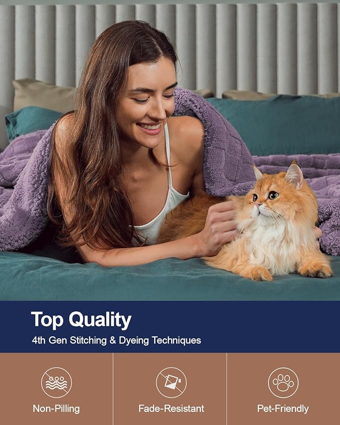 Pawque Super Soft Cozy Throw Blanket for Couch Sofa Bed - Fluffy Sherpa Fleece Reversible Thick Warm Fuzzy Blanket for All-Season, 3D Checkered Jacquard Elegant Decorative Blankets, Purple, 50" x 60"-Ruum Studio Home