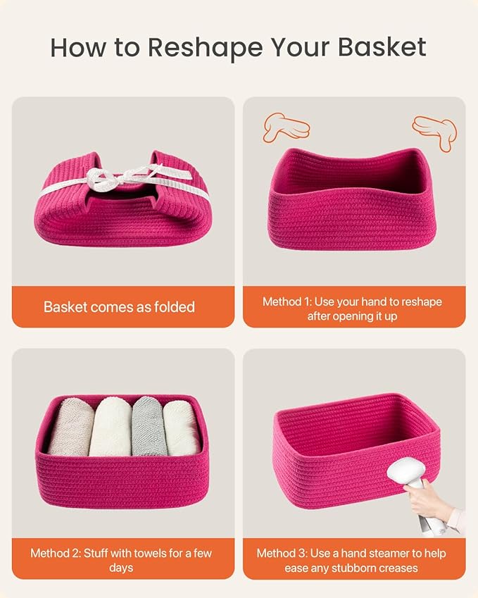 KALLAX Small Woven Basket, 12 x 8 x 4.5 Inches, Storage Basket for Organizing, Cute Small Rope Shelf Closet Cube Storage Bins Baskets for Shelves, Dog Toy Gift Baskets Empty, 3 Packs, Hot Pink-Ruum Studio Home