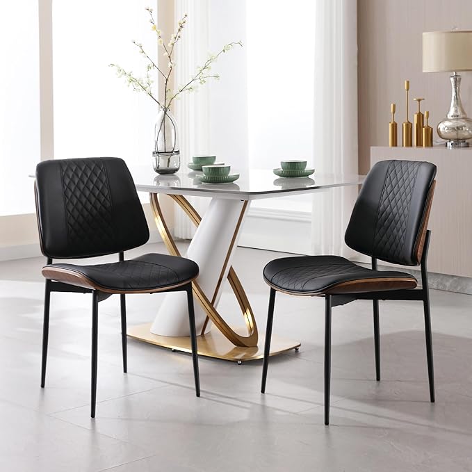 BV Dining Chairs Set of 2, PU Leather Armless Kitchen Chair in Modern Walnut Style, Mid Century Bentwood Side Chair with Metal Legs, Retro Accent Guest Chair for Kitchen Dining Room(Black)-Ruum Studio Home