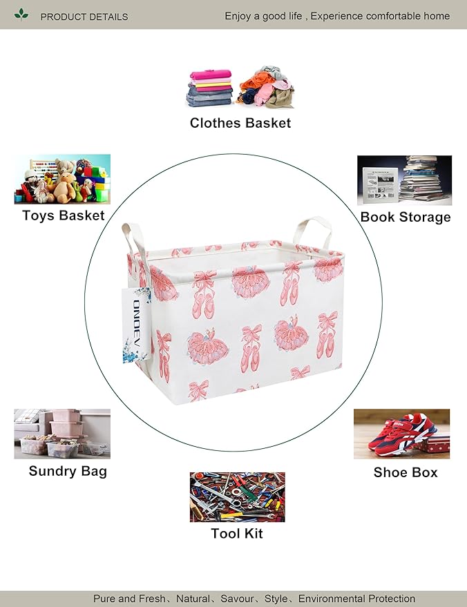 Rectangular Folding Laundry Basket,waterproof Canvas Basket,gift basket,Suitable for children's room,Office,Clothes,Toys Storage(Pink lace dance shoes)-Ruum Studio Home
