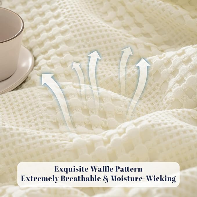 PHF Cooling Waffle Blanket Twin Size, Lightweight 60% Rayon Derived Bamboo & 40% Cotton Breathable Blanket for Hot Sleepers, Soft and Luxury for Bed Couch and Sofa, 66"x90", Ivory-Ruum Studio Home