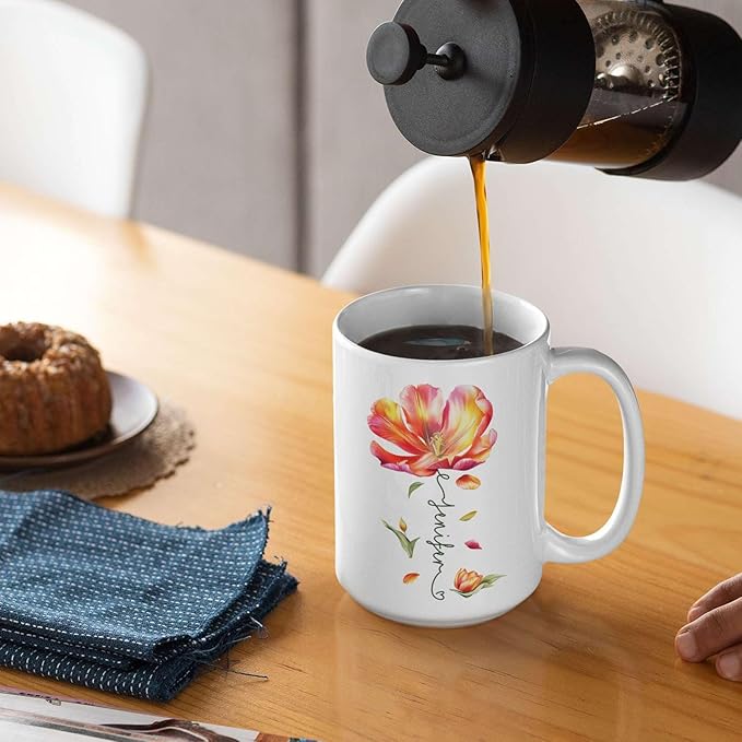 Personalized Flower Blossom Decorative Mug, Custom Name On Flower Coffee Cup, Novelty Floral Accent Mug 11oz 15oz, Customized Flower Lover Ceramic Cup, Gift For Friend Coworker-Ruum Studio Home