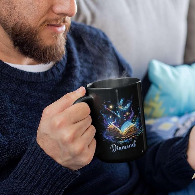 Personalized Sparkling Book Coffee Mug, Custom Name Enchanted Book Design Cup, Customized Fantasy Inspired Ceramic Mug, Gift For Women Men, Book Enthusiasts Black Cup 11oz Or 15oz-Ruum Studio Home