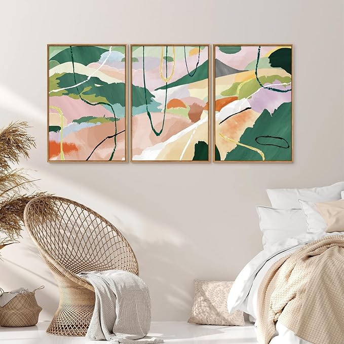 Tinonedraw Colorful Abstract Framed Canvas Wall Art Set, 3 Panel Green Pink Girly Oils Inks Artwork, Three Pieces Neutral Modern Minimalist Wall Decor for Living Room Bedroom Office 24"x36"x3-Ruum Studio Home