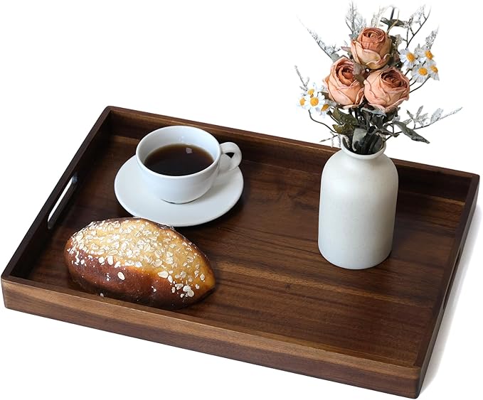 Acacia Wood Serving Tray with Handles, 17 Inch Wooden Tray for Ottoman, Breakfast, Lunch, Dinner, Decorative Rectangular Tray for Living Room, Kitchen Counter, Outdoor-Ruum Studio Home