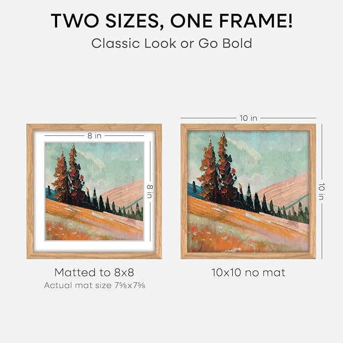 Homeforia 10x10 Picture Frame Wood, High-End Natural Oak 10 x 10 Thin Square Poster Frames with Mat 8 by 8 inch Photo, 10by10 Light Wooden Frame Matted to 8x8 Print, Tempered Glass, Wall Kit, Set of 1-Ruum Studio Home