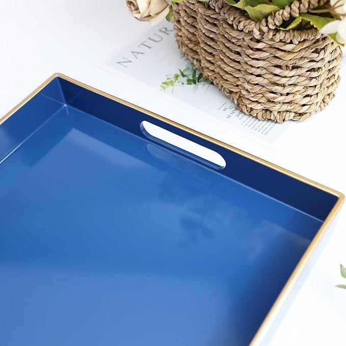 Spsyrine Blue Decorative Serving Tray with Handles, Elegant Plastic Coffee Table Tray for Ottoman, Living Room, Home Decor 15.6" X 10.2"-Ruum Studio Home