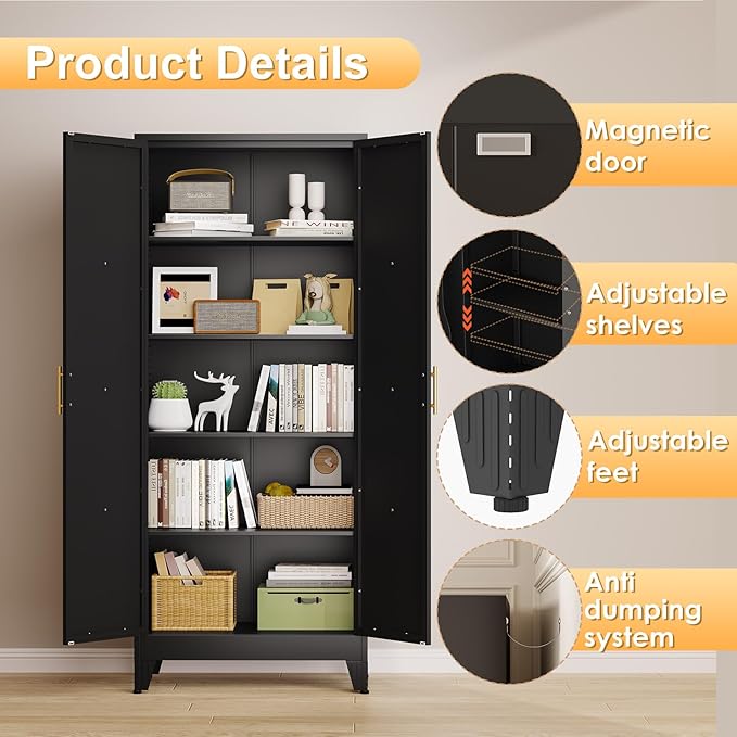 71" H Metal Kitchen Pantry Storage Cabinet, Freestanding Cupboard with 2 Doors and 4 Adjustable Shelves, Standing Storage for Kitchen, Bathroom, Garage, Dinning Room or Utility Room（Black）-Ruum Studio Home