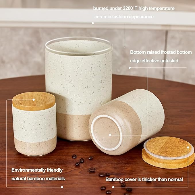 Yangbaga Canister Sets for Kitchen Counter, 80 OZ Large Ceramic Food Storage Jars with Airtight Wood Lids, Large Kitchen Canisters for Coffee, Sugar, Tea, Flour, Spice-Ruum Studio Home