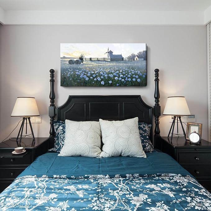 amatop Large Rustic Canvas Wall Art – Farmhouse Blue Rose and Windmill Landscape Picture, Nature Country Floral Sunset Wall Decor for Living Room Bedroom, Countryside Botanical Artwork Print 48x24 Inch-Ruum Studio Home