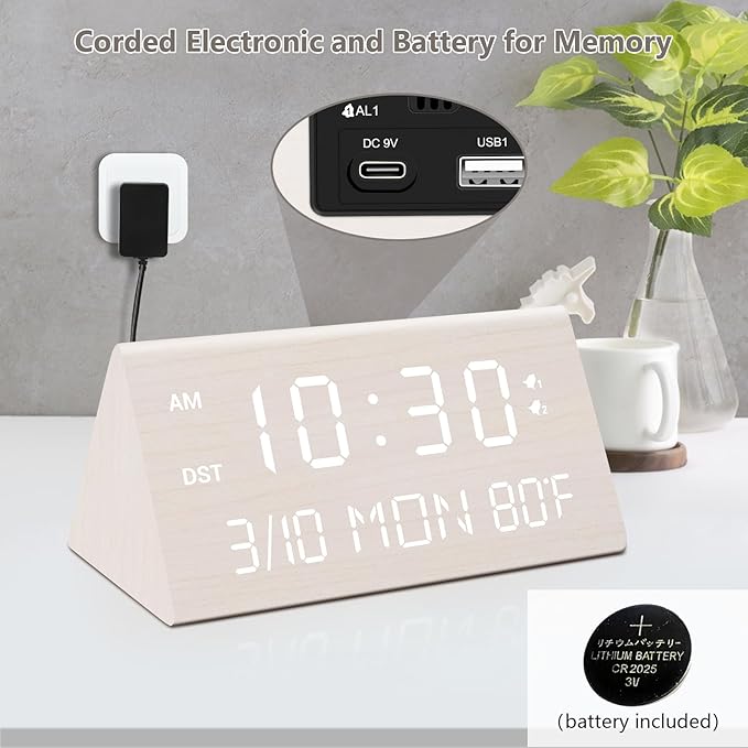 Kogonee Wooden Digital Alarm Clock, 0-100% Dimmer, 2 Alarm Settings, Weekday/Everyday Mode, 9 Mins Snooze, 12/24H, Temperature and Date Display for Office, Travel, Bedroom Alarm Clock (White)-Ruum Studio Home