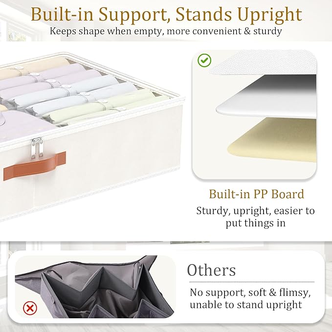 Yawinhe Under Bed Storage Containers, 4 Pack, Bin with Lids, Collapsible Closet Organizers, with Sorting Card Slot and 4 Leather Handles, for Blanket, Bedding, 31.5''Lx15.7''Wx6''H, Beige-Ruum Studio Home