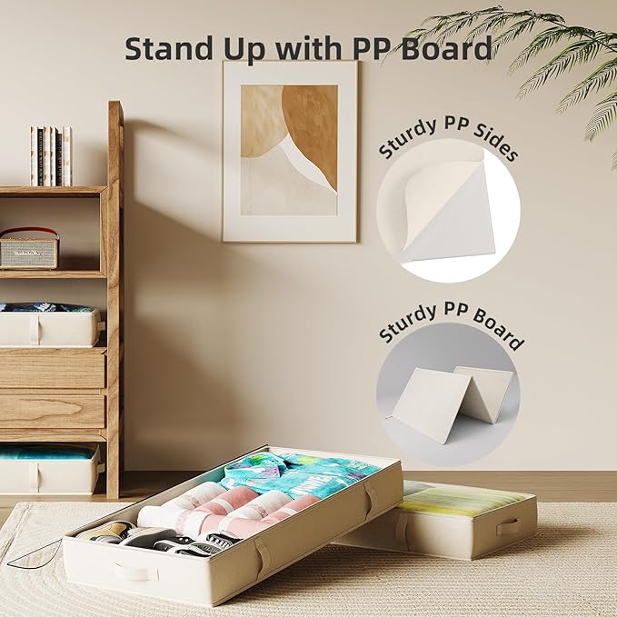 2-Pack Under Bed Storage, 6 Inches Tall Closet Organizers and Storage Bins with Sturdy Sidewalls/Bottom/4 Handles, Beige-Ruum Studio Home
