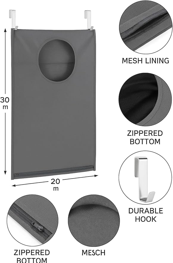 Hanging Laundry Hamper Bag – Space-Saving Dirty Clothes Storage with Free Adjustable Stainless Steel Over-the-Door Hooks & Suction Cup Hooks – Ideal for bathrooms, bedrooms & dorms (2, Gray)-Ruum Studio Home