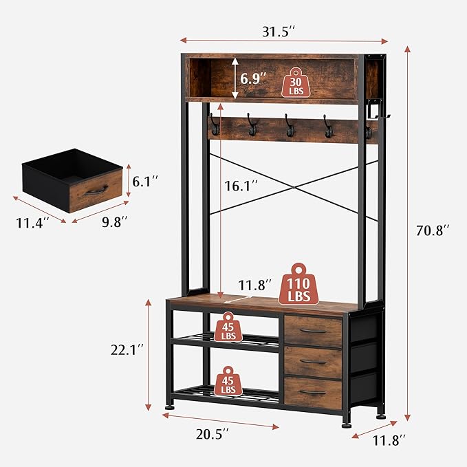 Lulive Hall Tree with Bench and Shoe Storage, 31.5" Coat Rack Freestanding with 2-Tier Storage Shelf, 6-in-1 Entryway Bench Coat Rack with 12 Hooks and 3 Drawers(Rustic Brown)-Ruum Studio Home