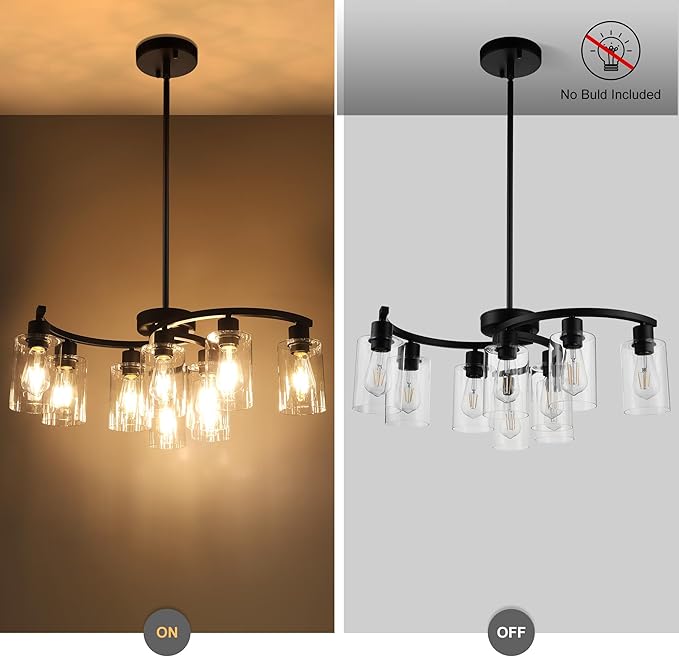 9-Light Black Modern Chandeliers for Dining Room, Adjustable Height Farmhouse Kitchen Island Lighting, Industrial Hanging Light Fixtures for Living Room Bedroom, Clear Glass Shade-Ruum Studio Home