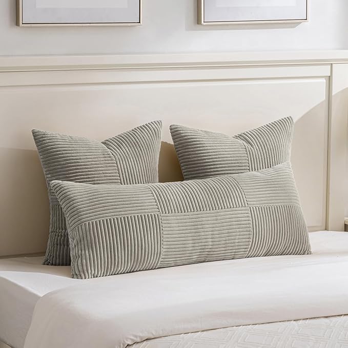 Fancy Homi Set of 2 Neutral Grey Boho Long Lumbar Body Decorative Throw Pillow Cover 14x36 Inch for Bed Couch Bedroom Bench, Soft Patchwork Corduroy Textured Pillow Case, Rustic Farmhouse Room Décor-Ruum Studio Home