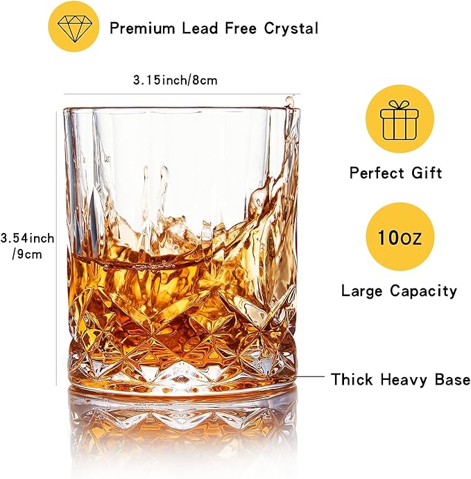 Whiskey Glasses Set of 4,Rock Glasses,11 oz Lead-Free Crystal Bourbon Glass,Old Fashioned Glass for Bourbon,Cognac,Irish Whisky,Personalised Whisky Glass Gift Set for Men,Dad,Brother-Ruum Studio Home